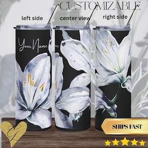 Personalized Flower thermos 20 oz, Lilly Art Stanley Like thermos; Dark Floral Tumbler image 1