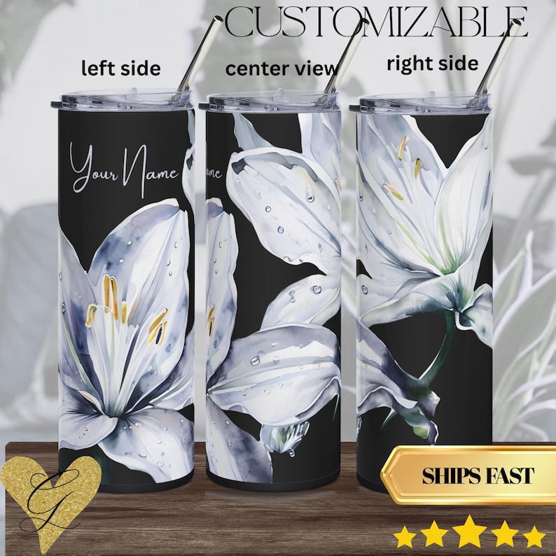 Personalized Flower thermos 20 oz, Lilly Art Stanley Like thermos; Dark Floral Tumbler image 1