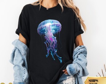 Jellyfish Ocean T-Shirt, Glowing Sea Creature Grunge Magical Marine Top, Biology Gift, fantasy Nature, Vibrant Coastal Fish Graphic Top