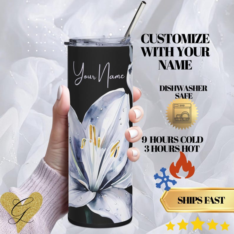 Personalized Flower thermos 20 oz, Lilly Art Stanley Like thermos; Dark Floral Tumbler image 2