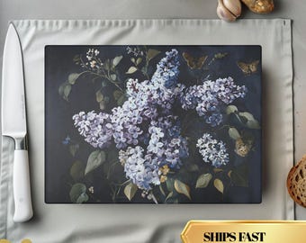 Gothic Decor, Lilac Bouquet Flower Art plastic free Cutting Board, Witchy - Gardening lover Kitchen Decor