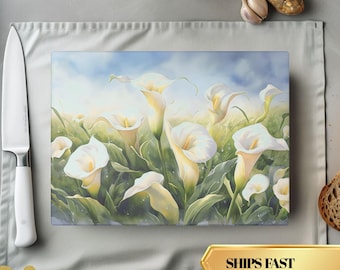 Water color painting of Calla Lilies on a plastic free Cutting Board, Gardening lover,  Floral Kitchen Decor,