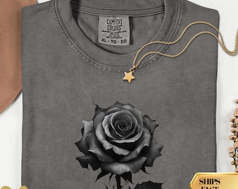 Dark Romance Gothic Rose T-Shirt, Comfort Colors Black Floral Graphic
