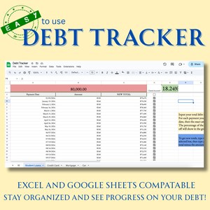 May include: A digital debt tracker spreadsheet, compatible with Excel and Google Sheets. The spreadsheet shows payment dates, amounts, and new totals. The text reads "EASY to use DEBT TRACKER". The spreadsheet is designed to help users stay organized and see progress on their debt.