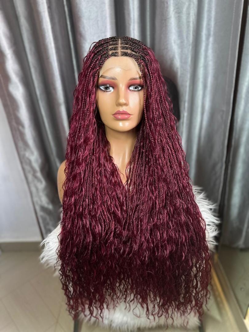 Long glueless boho braided wig Col burgundy