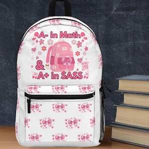 Kids Math and Sass Backpack, Pink Coquette Style Vibes, Back to School Supplies for Tween Students, Trendy Fashions Design Bookbag for Girls
