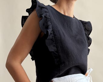 Blusa sin mangas de lino con volantes