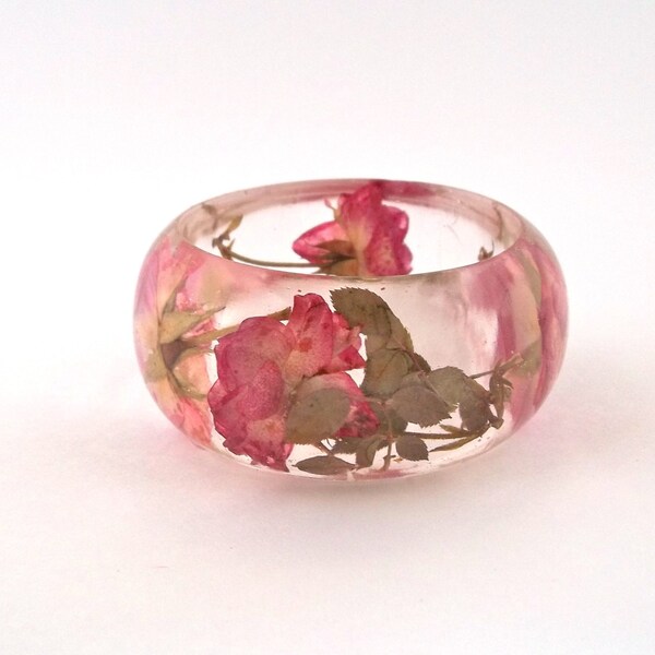 Pink and Yellow Roses in a Chunky Resin Bangle.  Pressed Roses Bangle Bracelet.  Real Flowers - Pressed Rosebuds.  Handmade Resin Jewelry