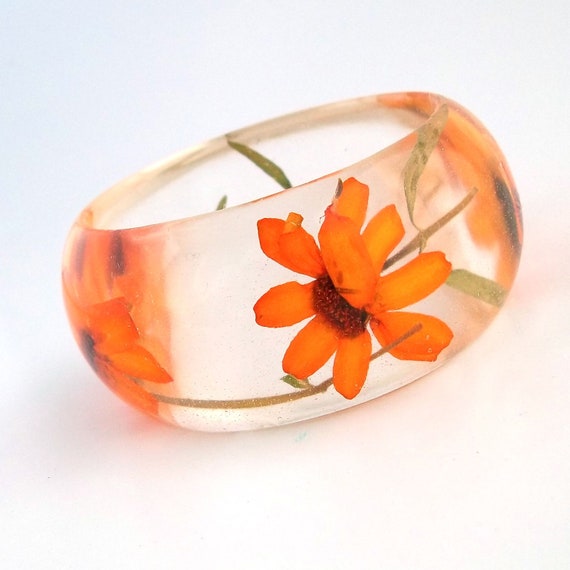 Items similar to Size Medium Orange Zinnias Resin Bangle. Resin Jewelry