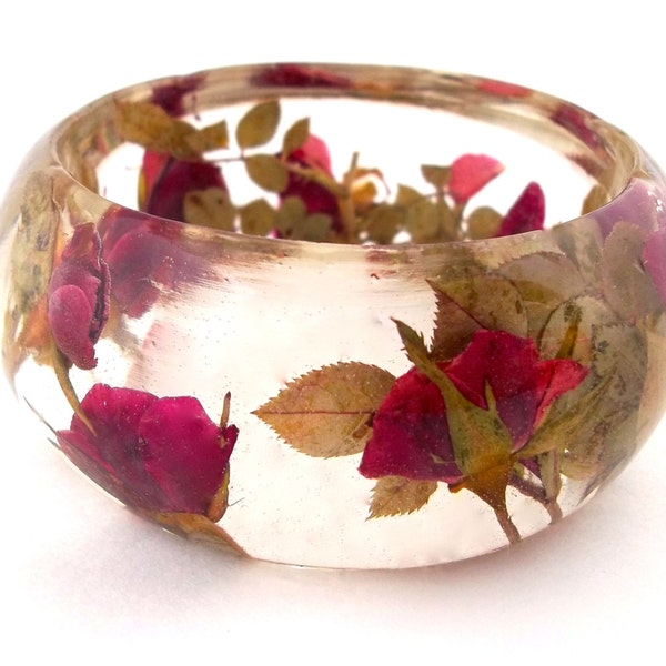 Red Resin Bangle.  Chunky Rosebud Bangle Bracelet.  Real Flower and Leaf Bracelet.  Pressed Flower Bangle Cuff. Engraved Personalized Gift