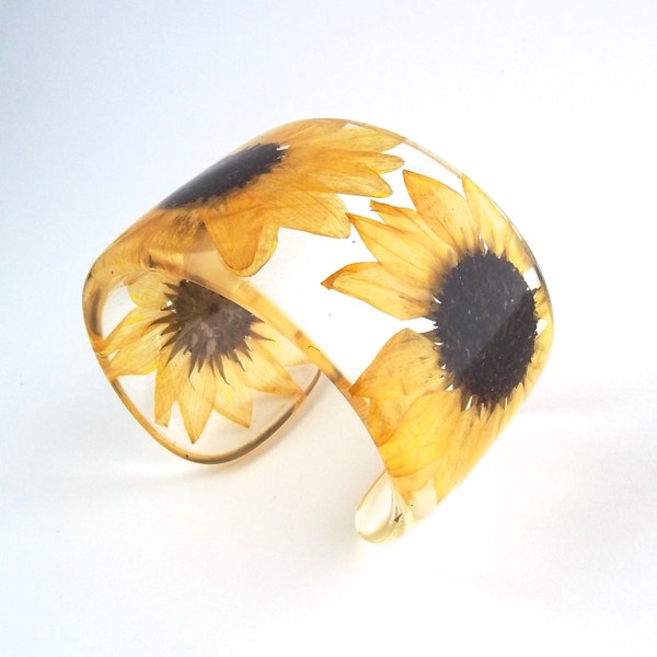 Sunflower Resin Cuff.   Real Sunflowers Cuff with Personalized Engraving. Chunky Wide Cuff Bracelet.  Gift for Mom Her Mother's Day