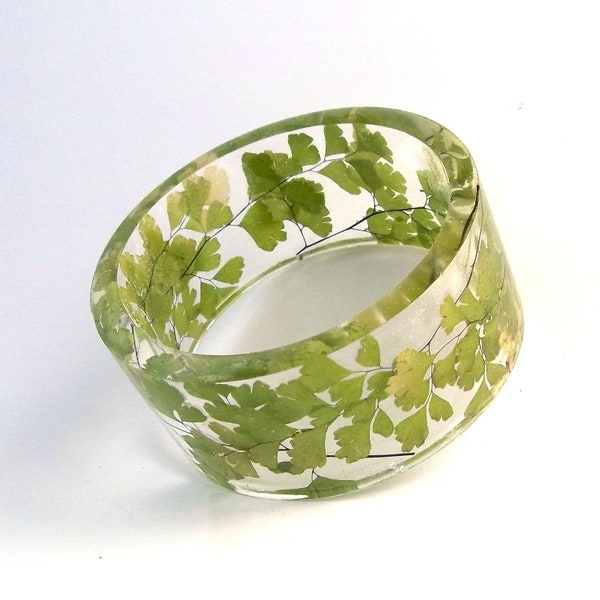 Size XXL Maidenhair Fern Resin Bangle. Contemporary  Bracelet. Green Fern Botanical Jewelry. Engraved Jewelry. Personalized. Gift for Her