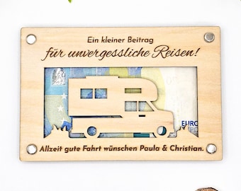 Camper gift made of wood, individual cash gift, camping motorhome, travel fund, for wedding, for birthday, voucher 15 cm x 10 cm