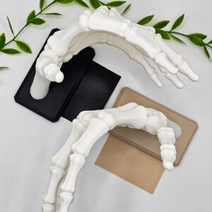 May include: Two white, skeletal hand sculptures, one on a black base and the other on a tan base. The hands are arched, with fingers extended. Green leafy vines are in the background.
