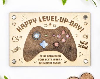 Gift for gamers, wooden gift card, personalized gift, gift idea for gamers, voucher, wish fulfiller, 15 cm x 10 cm