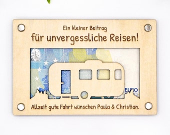 Caravan gift, individual wooden cash gift, camper van, travel fund, for a wedding, for a birthday, voucher 15 cm x 10 cm