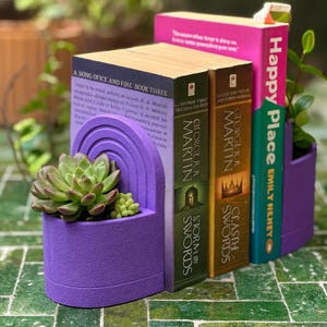 Może przedstawiać: Fioletowy stojak na książki z wbudowaną donicą, w której znajduje się roślina sukulent. Stojak na książki ma łukowaty kształt i znajduje się obok kilku książek, w tym "A Song of Ice and Fire".