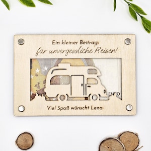 Tarjeta de regalo de dinero personalizada para campistas de madera, regalo individual para el fondo de viaje, para una boda, para un cumpleaños, 15 cm x 10 cm