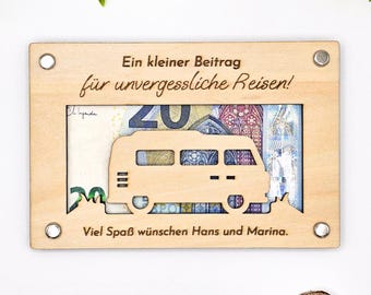 Wooden camper gift, personalized cash gift, camping car, travel fund, for a wedding, for a birthday, voucher 15 cm x 10 cm