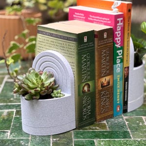 Può includere: Un fermalibri in cemento grigio con una fioriera integrata, contenente una pianta succulenta. Il fermalibri sostiene diversi libri, tra cui titoli di George R.R. Martin e Emily Henry. I libri sono su una superficie piastrellata verde.