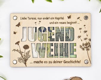 Personalized money gift for confirmation, gift idea for youth initiation ceremony, wooden gift box 15 cm x 10 cm