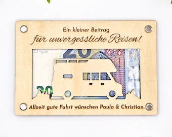 Camping gift made of wood, individual cash gift, camper van, travel fund, for wedding, birthday, voucher 15 cm x 10 cm