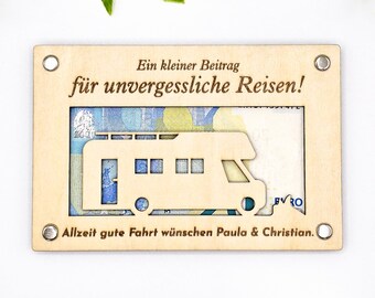 Camping gift made of wood, individual cash gift, camper van, travel fund, for wedding, birthday, voucher 15 cm x 10 cm
