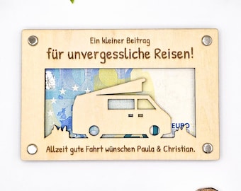 Camping gift, individual wooden cash gift, camper van, travel fund, for a wedding, for a birthday, voucher 15 cm x 10 cm