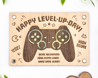 Gift for gamer, wooden gift card, individual gift idea, voucher, wish fulfiller, 15 cm x 10 cm