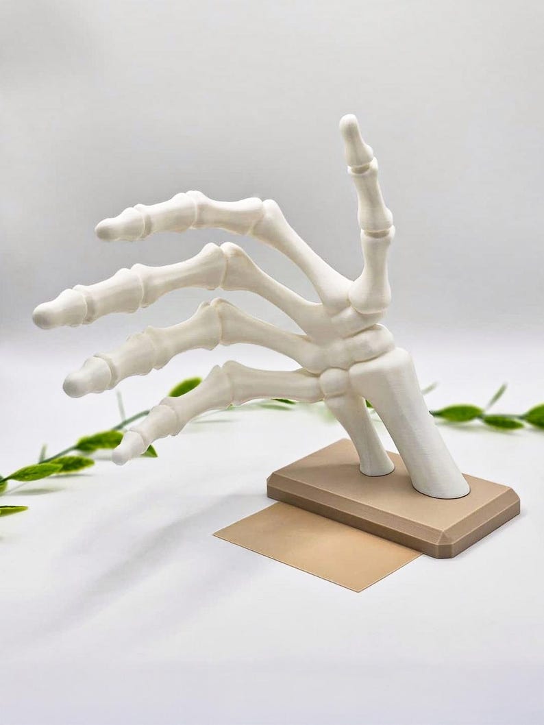 May include: A white, articulated skeleton hand sculpture with a beige base. The hand is posed with the index and middle fingers extended, and the other fingers curled. The sculpture is a decorative item.