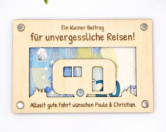 Geschenk Wohnwagen, Individuelles Geldgeschenk aus Holz, Camper Wohnmobil, Reisekasse, zur Hochzeit, zum Geburtstag, Gutschein 15cm x 10cm