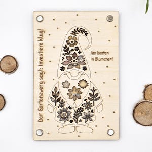 Gnomo da giardino regalo di denaro, personalizzato in legno, regalo individuale per gli amanti delle piante per matrimoni, compleanni, giardinaggio, 15 cm x 10 cm