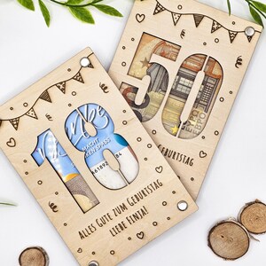 Geldgeschenk mit Zahl, personalisierte Karte aus Holz, Individuelles Geschenk zum Geburtstag, Geschenkidee, 15cm x 10cm
