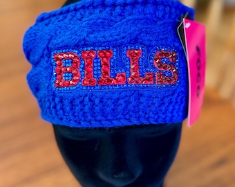 Hand-bedazzled Buffalo Bills rhinestone bling knit headband