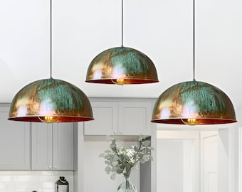set of 3 Green patina copper dome pendant light-oxidized turquoise patina with copper interior -modern kitchen island - vintage hanging lamp