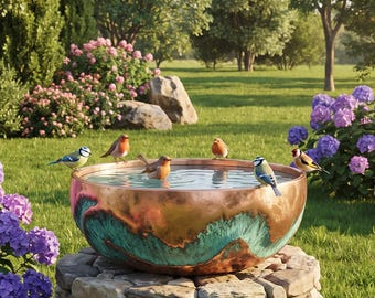 Handgemaakt vogelbad van gehamerd koper, Marokkaanse tuinschaal, rustieke vogelvoederbak voor buiten, vintage terrasdecoratie, ambachtelijk tuinaccessoire