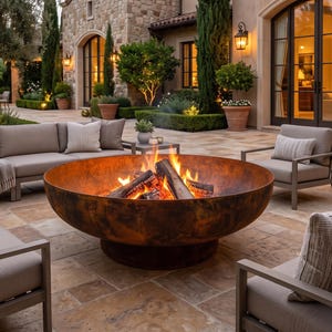May include: A large, circular, rusted metal fire pit sits in the centre of a stone patio, containing a bright, active wood fire. The fire pit is surrounded by several grey outdoor armchairs and a sofa with matching cushions and throw pillows.