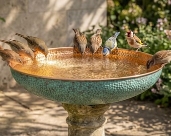 Handcrafted Brass Bird Bath with Green Patina, Outdoor Garden Bird Bath Bowl, Rustic Copper Bird Feeder, Unique Garden Decor