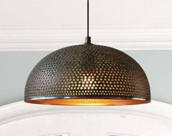 Handmade Copper Dome Pendant Light, Green Patina, Rustic Chandelier