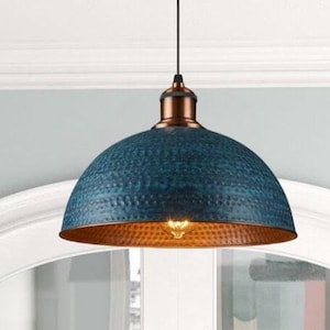 Éclairage de cuisine moderne style style campagnard en forme de dôme patiné bleu, plafonnier suspendu en cuivre, plafonnier artisanal style style campagnard