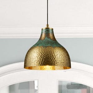 Hammered Copper Dome Pendant Light with Green Patina – Moroccan Style Ceiling Lamp – Handmade Rustic Kitchen & Dining Lighting