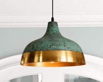 Handgefertigte Messing Dome Pendelleuchte, grüne Patina Finish, rustikale Hängelampe