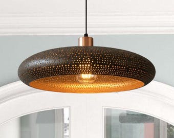 Hammered Copper Dome Pendant Light, Verdigris Patina, Rustic Chandelier