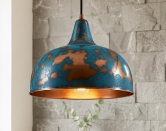 Handmade Blue Patina Copper Pendant Light – Rustic Brass Chandelier