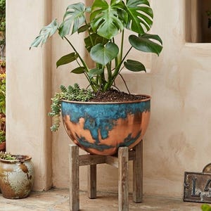 Hand Hammered Copper Planter Bowl, Blue Patina Garden Pot, Rustic Metal Flower Planter, Handmade Garden Decor, Farmhouse Accent