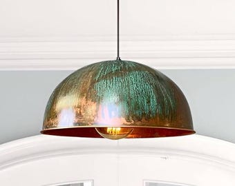 Verdigris Patina Copper Dome Pendant Light – Modern Kitchen Island Lighting