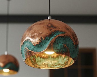 set of 3 Handmade Oxidized Copper Pendant Light, Green Patina Copper Dome Pendant Light, Farmhouse Kitchen Ceiling Lamp Fixture