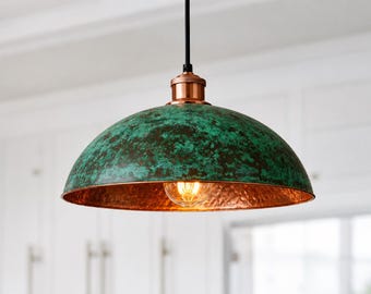 Handgefertigte Kupferkuppel Pendelleuchte, grüne Patina-Finish, rustikale Beleuchtung