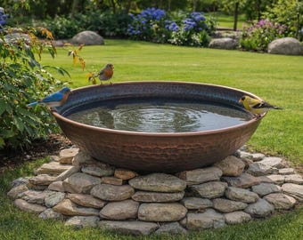 Handgemaakt vogelbad van gehamerd koper, rustiek vogelbad voor in de tuin, grote koperen voederbak voor vogels, vogelbad voor buiten, decoratie voor een landelijke tuin