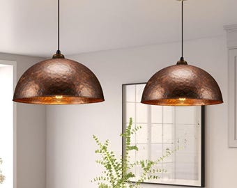 2er-Set Hängeleuchten aus Patina-Kupfer mit gehämmerter Kuppel